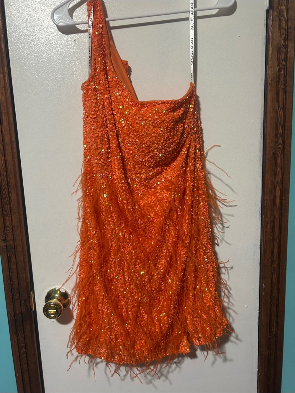 Orange Sequin Feather Mini Dress